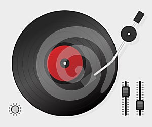 DJ playing vinyl. Top view. DJ Interface workspace mixer console turntables. Vector illustration.